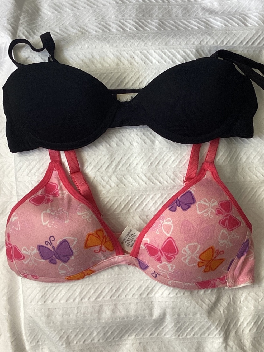 MAIDENFORM Girls Pink Butterfly & Black Convertible Strapless Bra set 30A